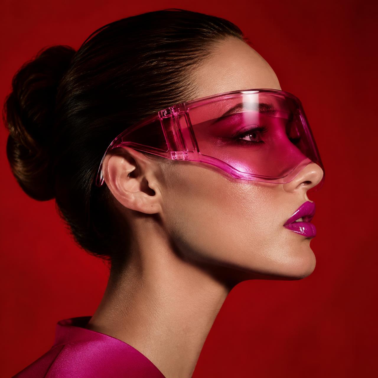 Model in a pink glass visor